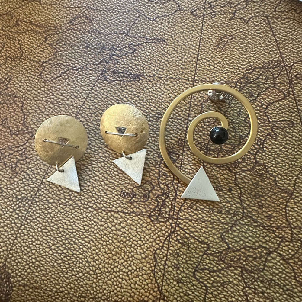 Modernist kinetic Geometric Earrings and Brooch Set